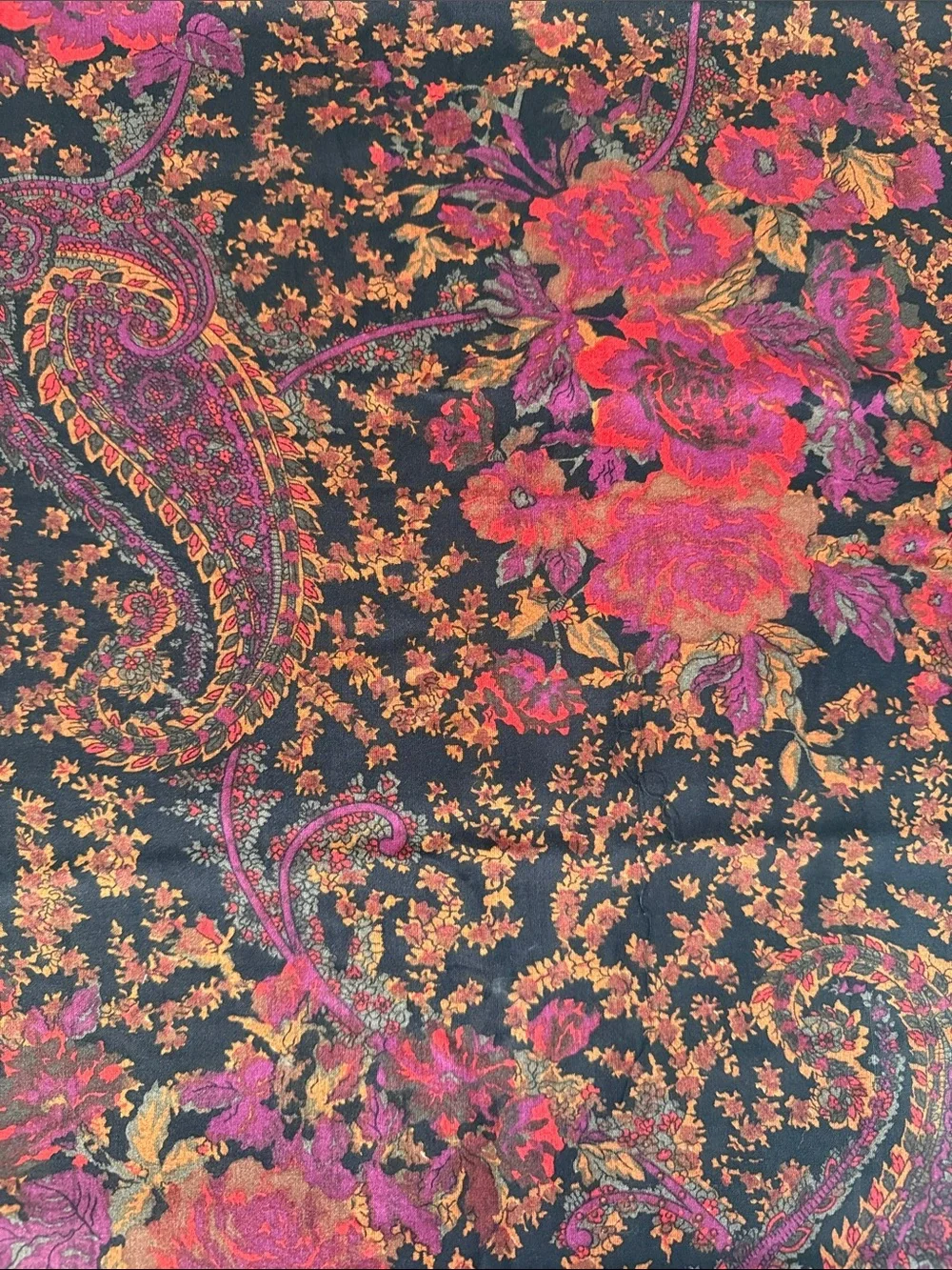 Vintage 1970s Paisley Floral Fabric Black Burgundy Rust Boho 3 Yards x 44”
